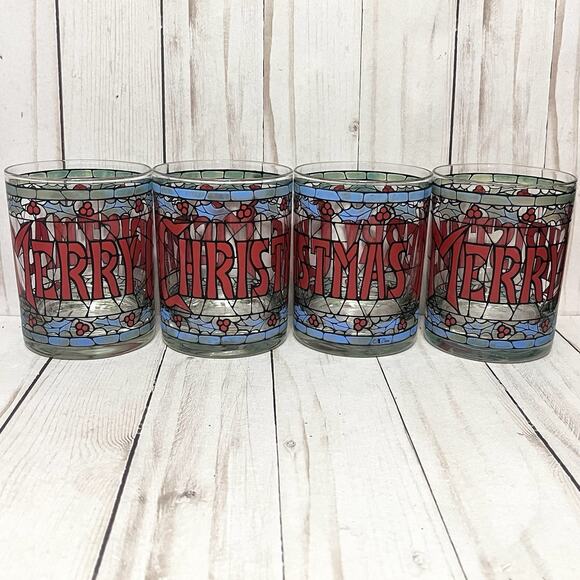 Set of 4 Vintage Cera Merry Christmas Double Old Fashioned Tiffany Stained Glass - Picture 1 of 10
